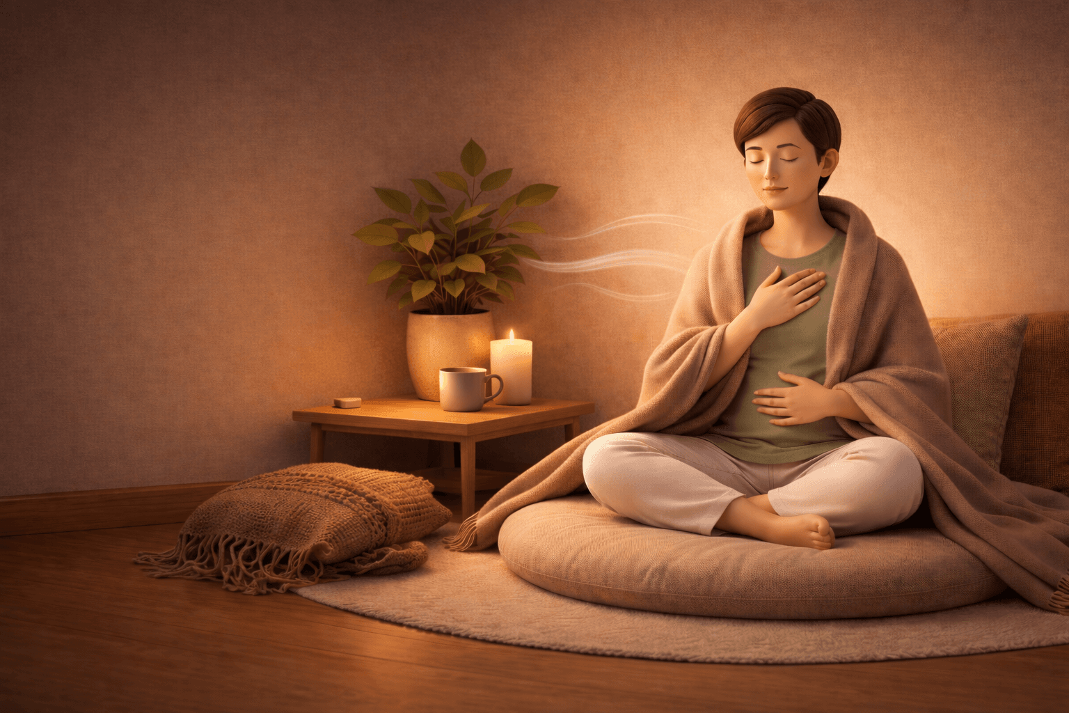 Warm evening meditation space with soft light and a calm atmosphere.